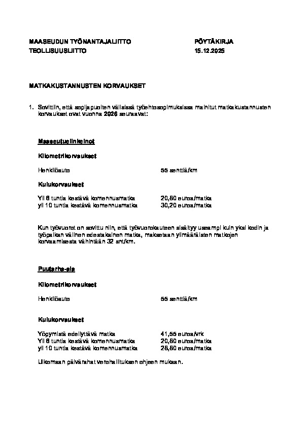 Matkakustannusten korvaukset 1.1.2026 alkaen maaseutuelinkeinoissa, puutarha-alalla sekä viher- ja ympäristörakennusalalla